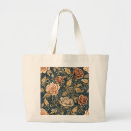 Bolsa Tote Grande Luxury, Vintage Garden of Roses, Blue Background