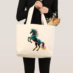 Bolsa Tote Grande Luz Neon de Cavalo Glitch Estilo Retro