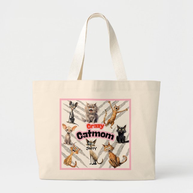 Bolsa Tote Grande Mãe de Gato Louca com Nome Personalizado (Frente)
