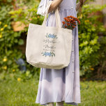 Bolsa Tote Grande Mãe do Floral Azul Bride Personalizada<br><div class="desc">Celebre a mãe da noiva com este presente elegante e na moda, com detalhes florais de cor aquosa e delicadas flores azuis. Projetada com uma escrita caligráfica graciosa e um layout limpo e minimalista, esta cuidadosa manutenção é perfeita para honrar o seu papel na festa de casamento. Um presente de...</div>