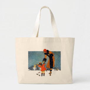 Bolsa Tote Grande Mãe e Filho no Inverno Antigo Alimentando Pássaros