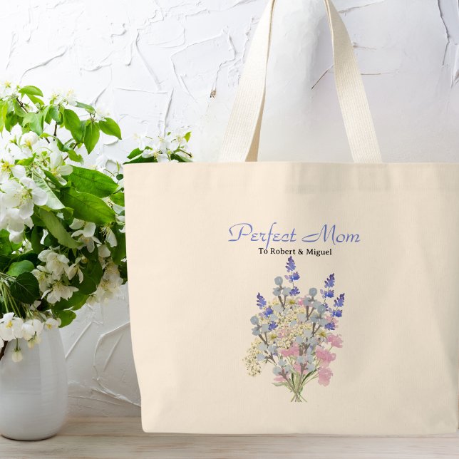 Bolsa Tote Grande Mãe Perfeita, flor selvagem aquarela, nome persona (Criador carregado)