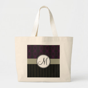 Bolsa Tote Grande Magenta no damasco preto com listras e monograma