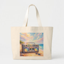 Bolsa Tote Grande Magical Retro Boombox Playing Music On Beach