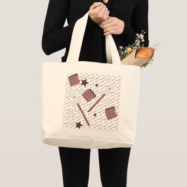 Bolsa Tote Grande Malvaviscos de Camping Smores Biscoitos Fogueira R (Frente (produto))