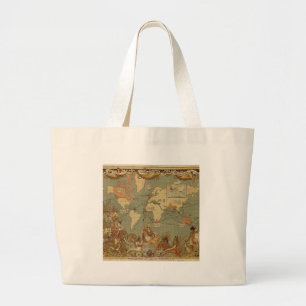 Bolsa Tote Grande Mapa Mundial Antigo 1886 Ilustrado