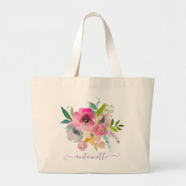 Bolsa Tote Grande Marca de Toque Floral de Aquarela Personalizada Bo