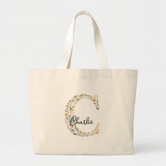 Bolsa Tote Grande Marca de Tote de Nome e Inicial Floral Ilustrada