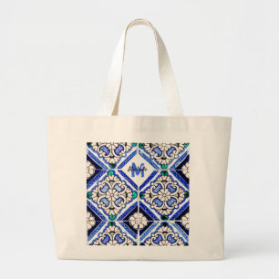 Bolsa Tote Grande Marinho de Azulejos de Padrão Espanhol Azulejo Mo