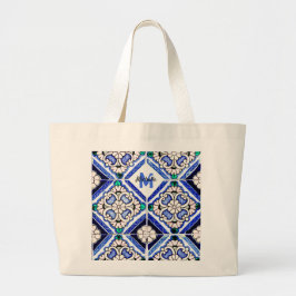 Bolsa Tote Grande Marinho de Azulejos de Padrão Espanhol Azulejo Mon