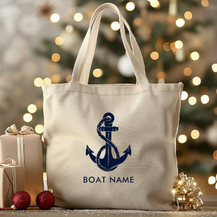 Bolsa Tote Grande Marinho Náutico Nome de Barco Azul Ancorado Person