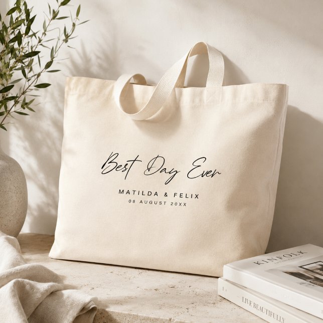 Bolsa Tote Grande Melhor Dia de Casamento Simples Limpo Nunca Minima (Personalized wedding tote bag with couple names and date for Best Day Ever gifting.)