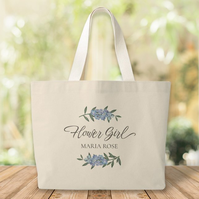 Bolsa Tote Grande Menina de Flores Azul Floral Botânico Chic (Criador carregado)