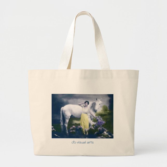 Bolsa Tote Grande menina vitoriosa com cavalo branco (Frente)