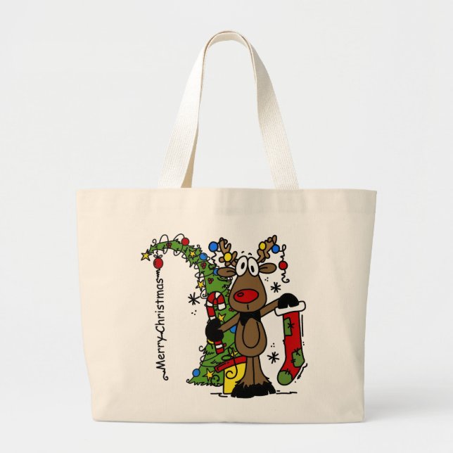 Bolsa Tote Grande Merry Christmas Reindeer (Frente)