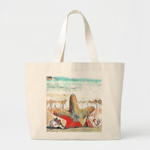 Bolsa Tote Grande Modern Watercolor de Orange Seashelds em Beach
