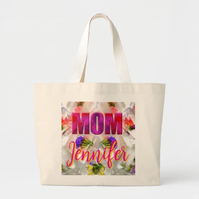 Bolsa Tote Grande 'Mom-Boss-Fire' – Diseño floral en cubos  (Frente)