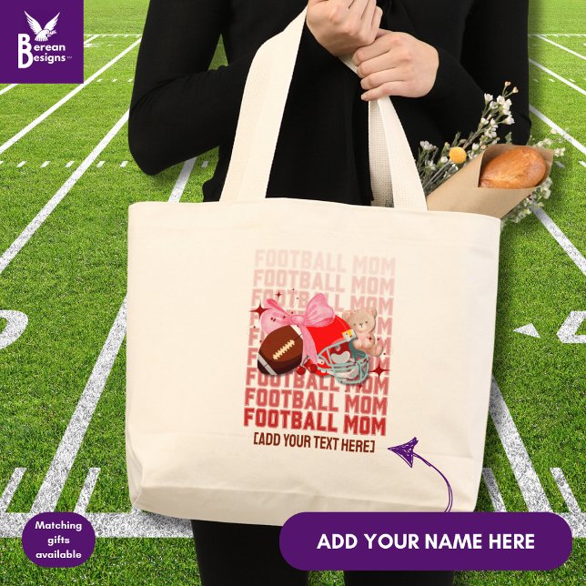 Bolsa Tote Grande MOM FOOTBALL na moda Coquette (Fun, stylish FOOTBALL MOM tote bag designed with coquette aesthetic and CUSTOMIZABLE TEXT.)