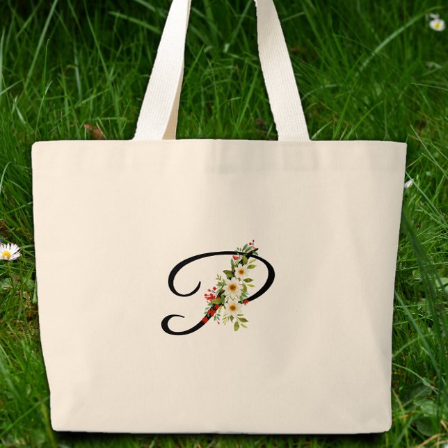 Bolsa Tote Grande Monograma clássico P flor vermelha e branca presen (Criador carregado)