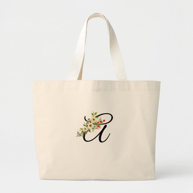 Bolsa Tote Grande Monograma clássico presente para mãe com flor verm (Frente)