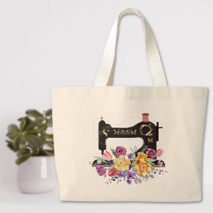 Bolsa Tote Grande Monograma da Máquina de Serradura Vintage Floral 