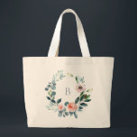 Bolsa Tote Grande Monograma da Terra Floral do Jardim Elegante<br><div class="desc">Uma coroa herbácea elegante de flores e folhagem em saco de monograma,  cor-de-rosa,  branco,  azul empoeirado e verde. Personalizar texto,  estilo de fonte,  cor e tamanho. Projetado para combinar com nossa Coleção de Casamentos Florais de Eterno.</div>