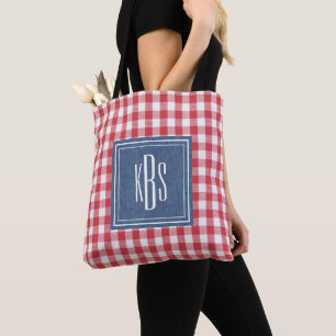 Bolsa Tote Grande Monograma em Ombro de Xadrez Vermelho e Bra
