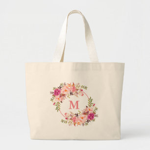 Bolsa Tote Grande Monograma floral cor-de-rosa da grinalda da