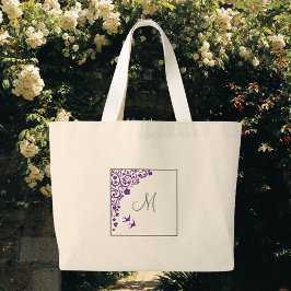 Bolsa Tote Grande Monograma Inicial de Leitura Floral Verde Roxo