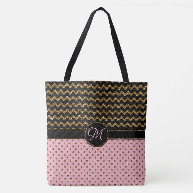 Bolsa Tote Grande Monogrammed de Chevron do preto Dourado (Frente)