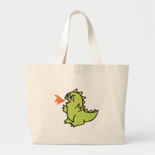 Bolsa Tote Grande monstro do dragão de fogo verde e fofo (Frente)