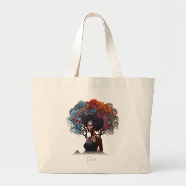 Bolsa Tote Grande Mulher afro-americana com cabelo estragado em árvo (Frente)
