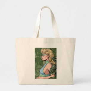 Bolsa Tote Grande Mulher Chic Vintage com Óculos de Sol Folhas de Mo
