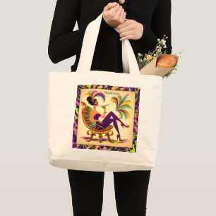 Bolsa Tote Grande Mulher do Mardi Gras de Meados do Século com um Ma