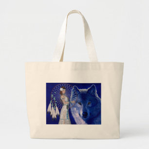 Bolsa Tote Grande Mulher do nativo americano & design azul do lobo