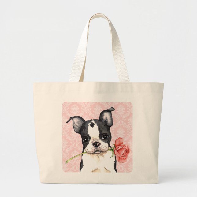 Bolsa Tote Grande Namorados Boston cor-de-rosa Terrier (Frente)