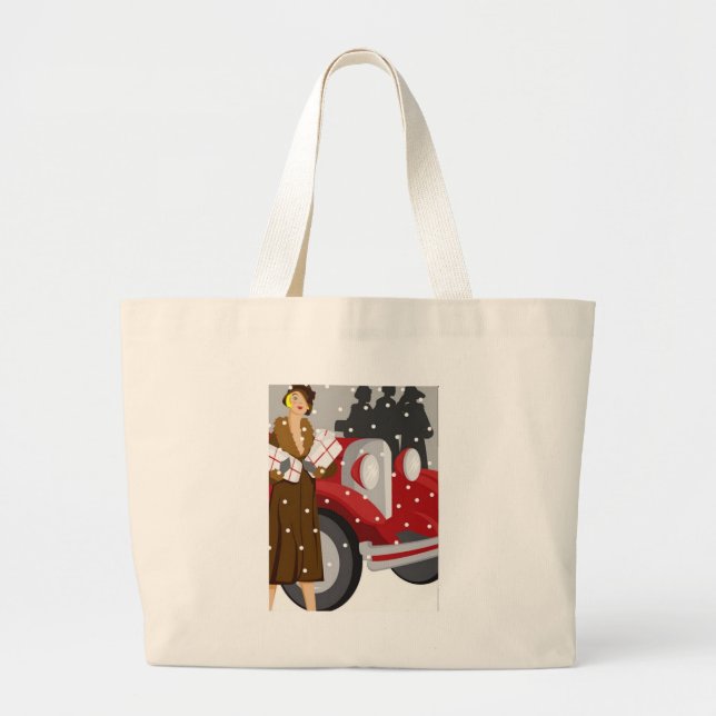 Bolsa Tote Grande Natal Comprando na neve (Frente)