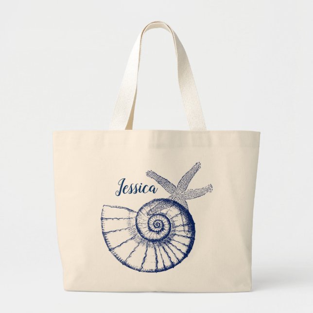 Bolsa Tote Grande Nautilus Seashell e Starfish Marine Life Personali (Frente)