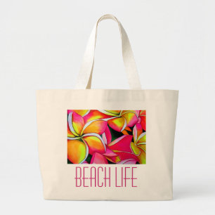 Bolsa Tote Grande Néon rosa Frangipani Plumeria Arte de praia