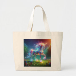 Bolsa Tote Grande Neon Unicorn Art – Glowing Fantasy Horse Rainbow