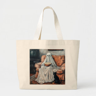 Bolsa Tote Grande Noite de Filme Spooky Fantasma e Cat Assistindo