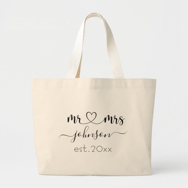 Bolsa Tote Grande Noivado de casamento Sr. Sra. Nome Personalizado (Frente)