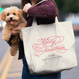 Bolsa Tote Grande Nome da Família de Caligrafia Elegante Feliz Natal