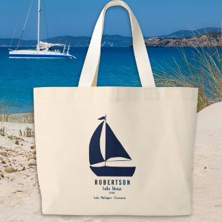 Bolsa Tote Grande Nome da Família do Barco à Vela Azul Marinho Náuti