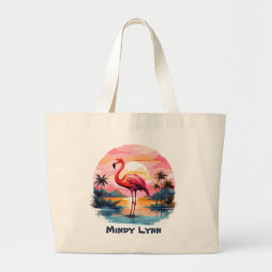 Bolsa Tote Grande Nome de adição de flamingo, cor-de-rosa