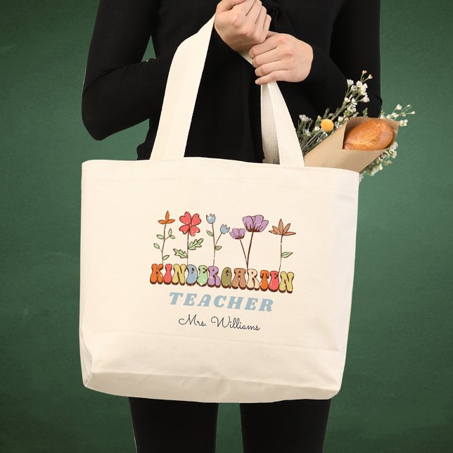 Bolsa Tote Grande Nome do Professor do Jardim de Infância Personaliz (Wildflowers Personalized Kindergarten Teacher Name Large Tote Bag
)