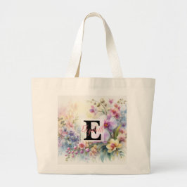 Bolsa Tote Grande Nome monograma em aquarela Flores em pastos