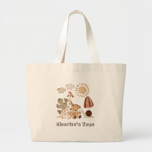 Bolsa Tote Grande Nome Personalizado Boho Woodland Jungle Animal (Frente)