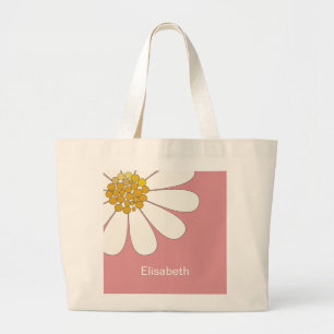 Bolsa Tote Grande Nome Personalizado da Flor de Daisagem Branca