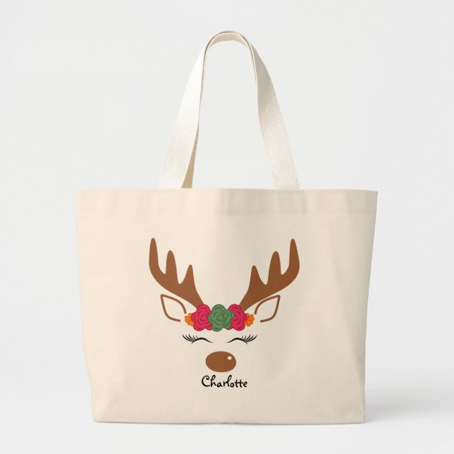 Bolsa Tote Grande Nome Personalizado da Reinador de Natal Floral (Frente)